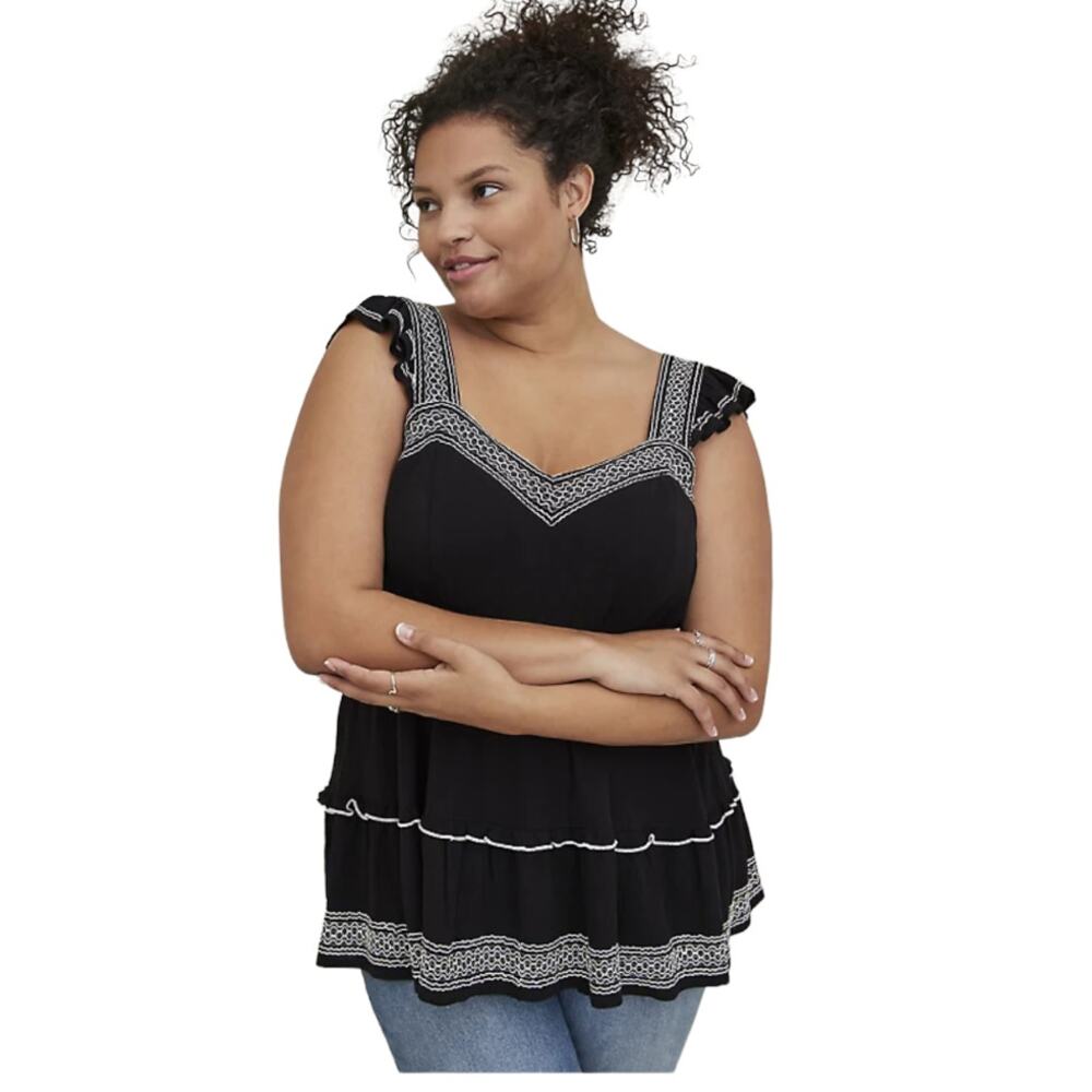 Torrid NWT Babydoll Crinkle Gauze Embroidered Tiered Top Black White Size 3X - Picture 2 of 7